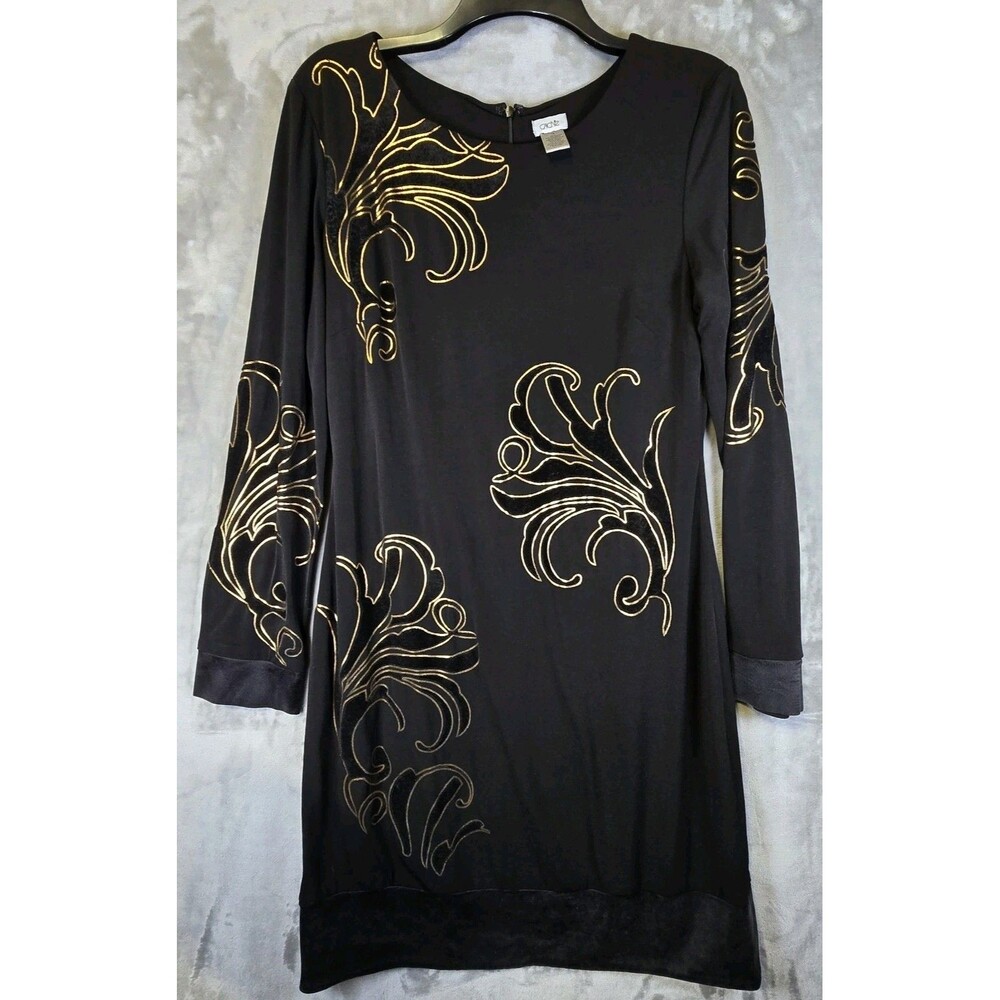 Vintage Cache Dress 12 Silk Y2K 90s Black Gold Scroll Floral Whimsigoth Fairy